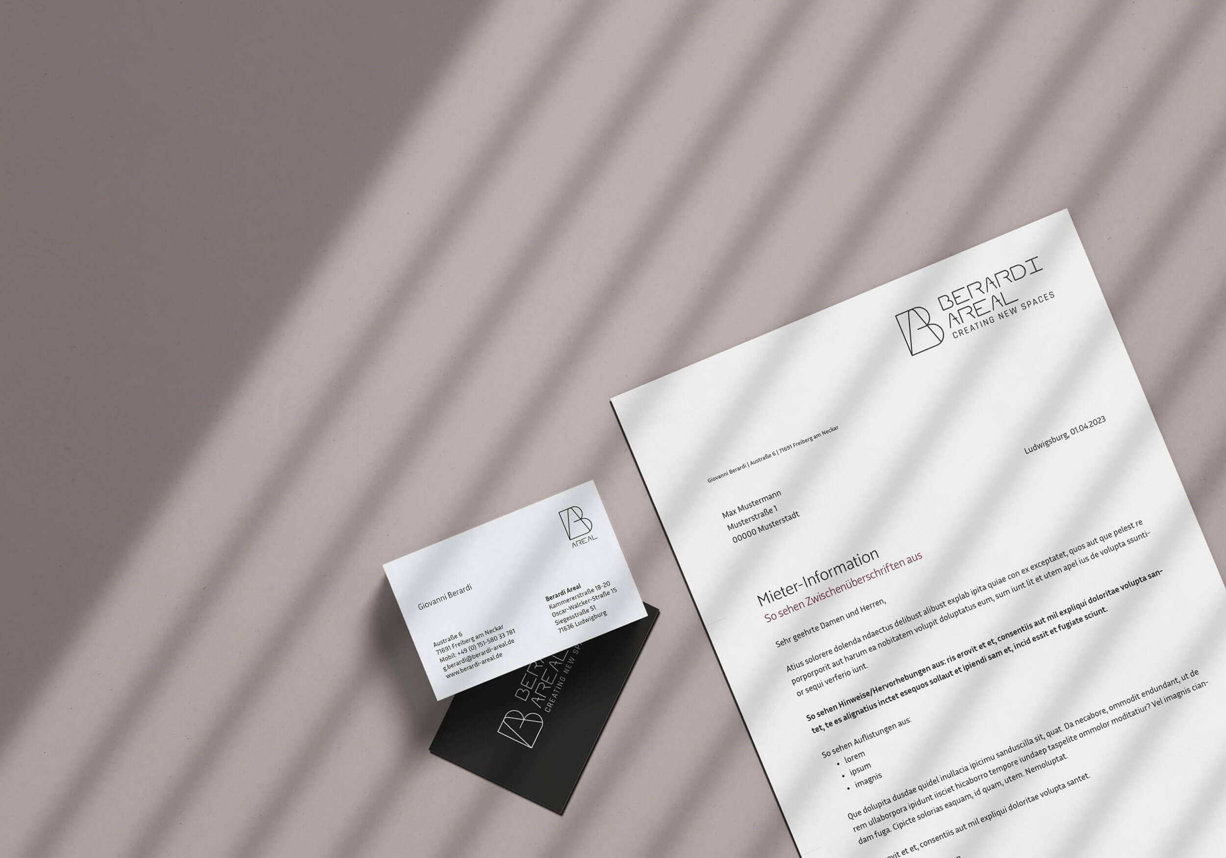 Die Geschäftspapiere des Berardi Areals, welche durch ein Logodesign für kleine Unternehmen entwickelt wurde.