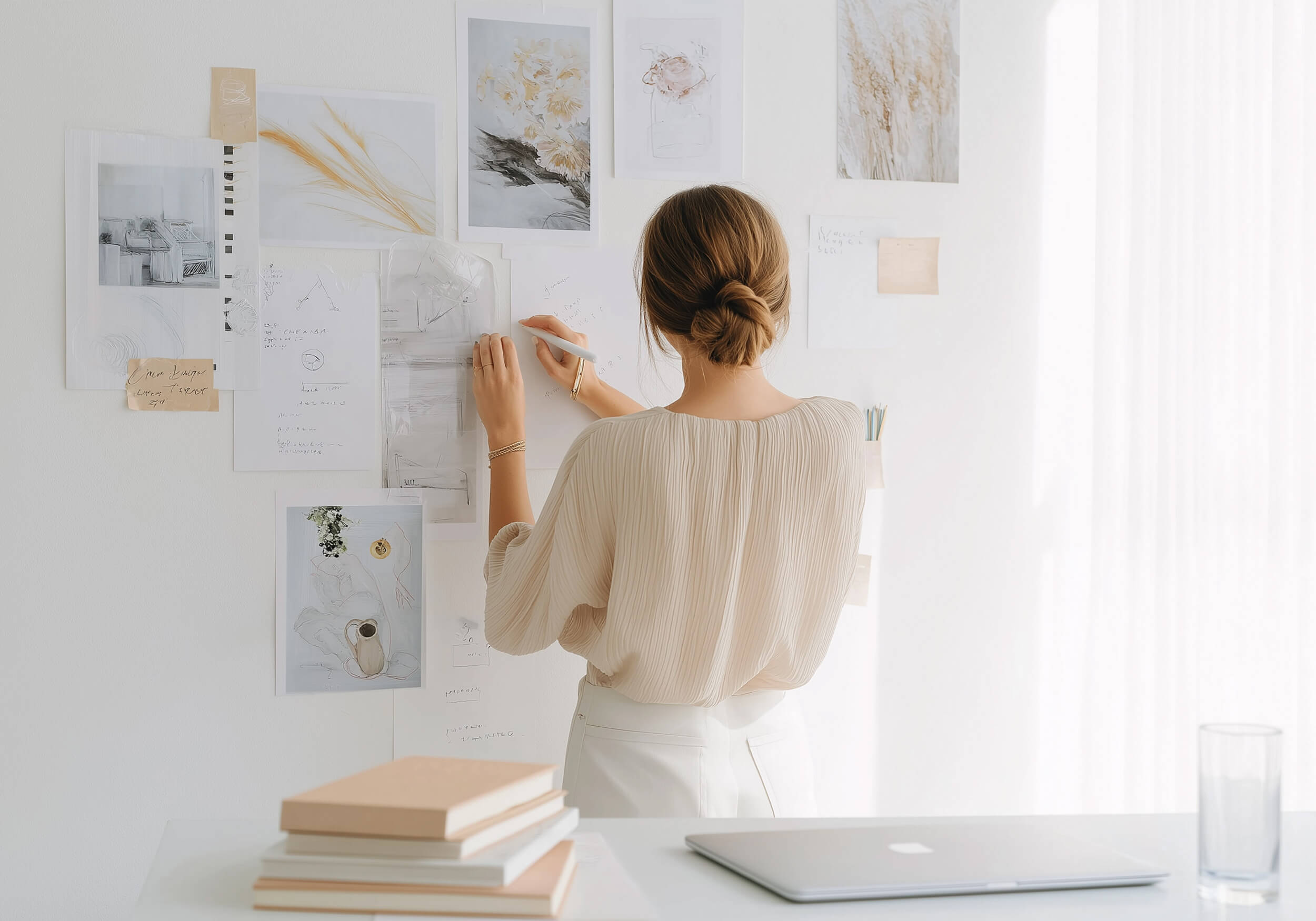 Design-Strategie-erklärt Designerin arbeitet an Moodboard mit Skizzen und Markenideen, der kreativer Teil der Design Strategie