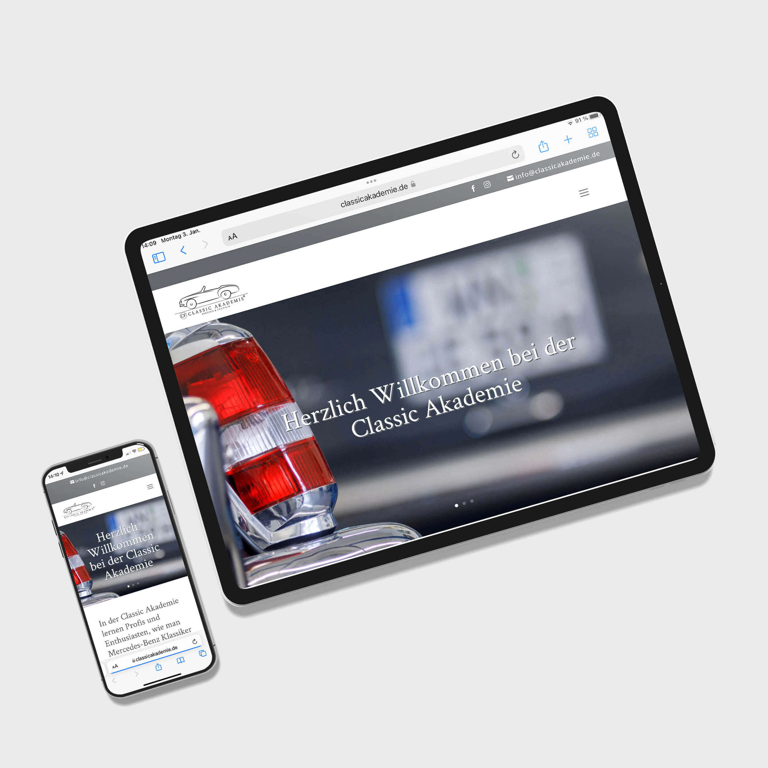 Modernes Webdesign Esslingen von Classic Akademie auf einem Tablet und Handy geöffnet