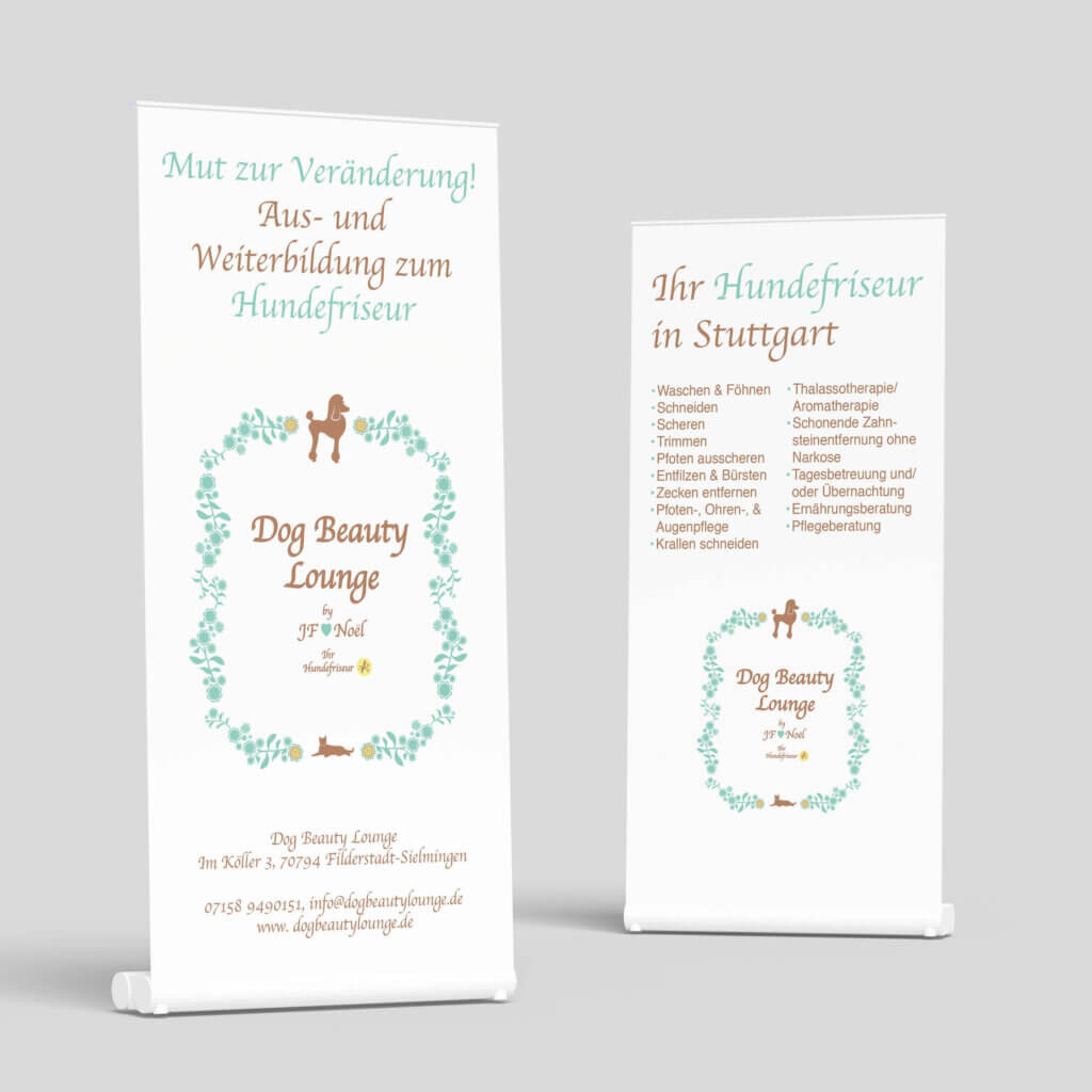 Zwei Roll-up Displays für die Firma Dog Beauty Lounge. Das Design entstand durch die Markenberatung Stuttgart.