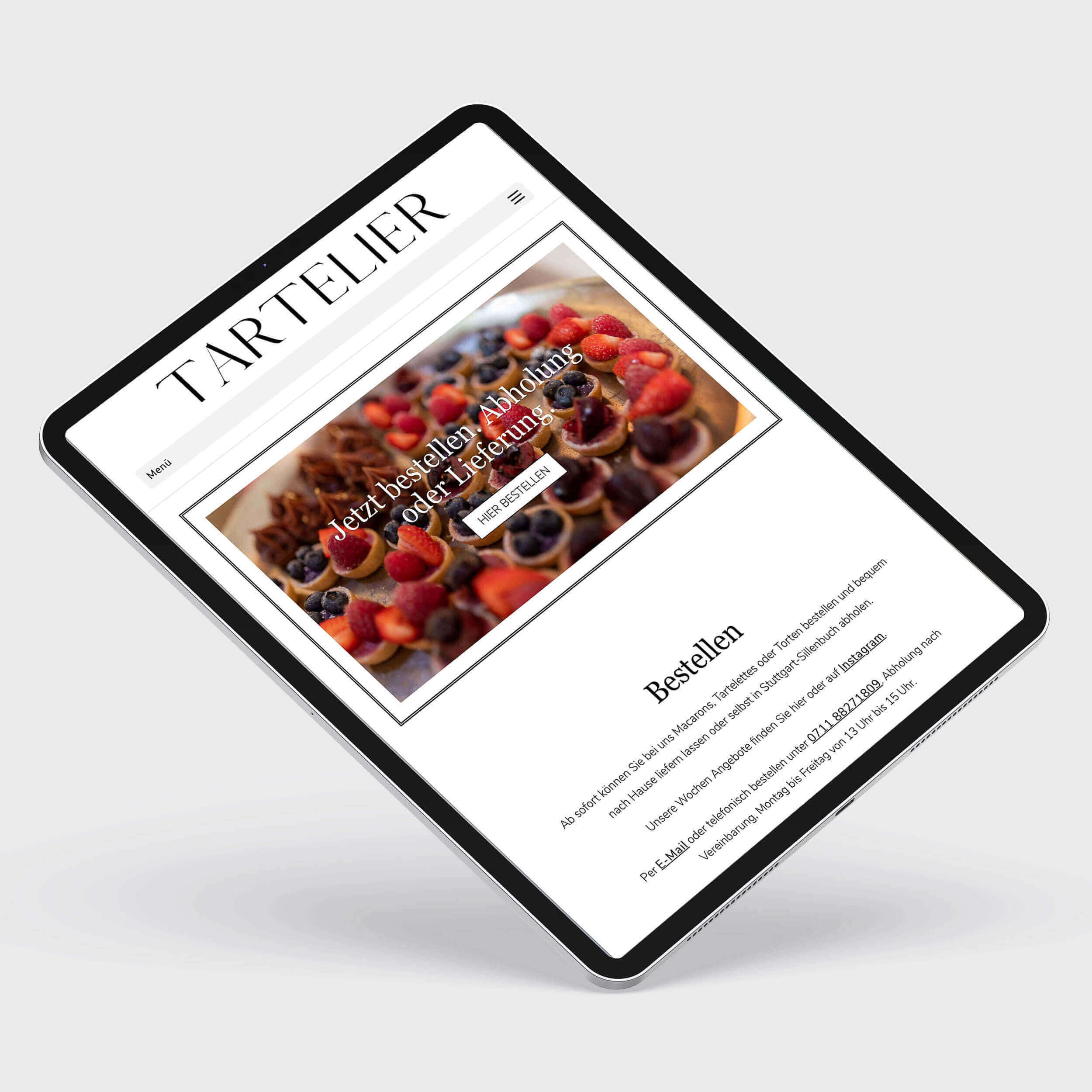 Firmenwebsite von TARTELIER auf einem Tablet