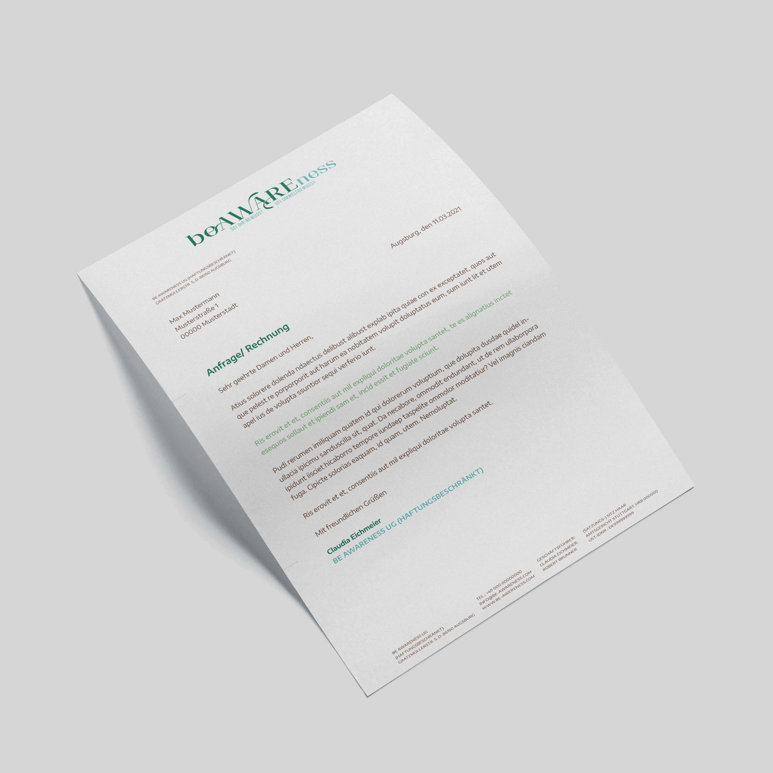 Ein Briefpapier mit dem Corporate Design von Be Awareness