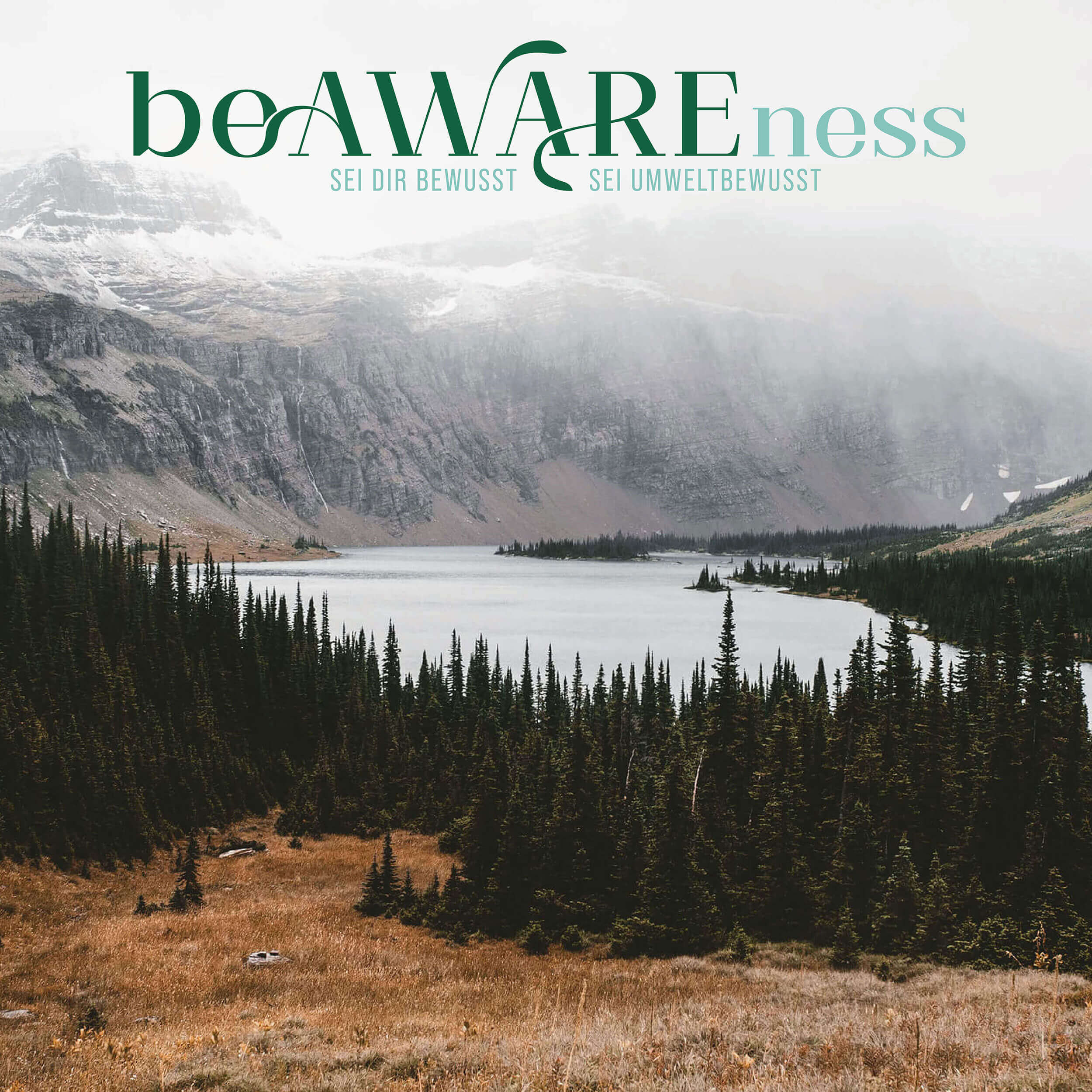 Das Logo aus dem Corporate Design von Be Awareness auf einem Foto mit Wald, Wasser und Bergen
