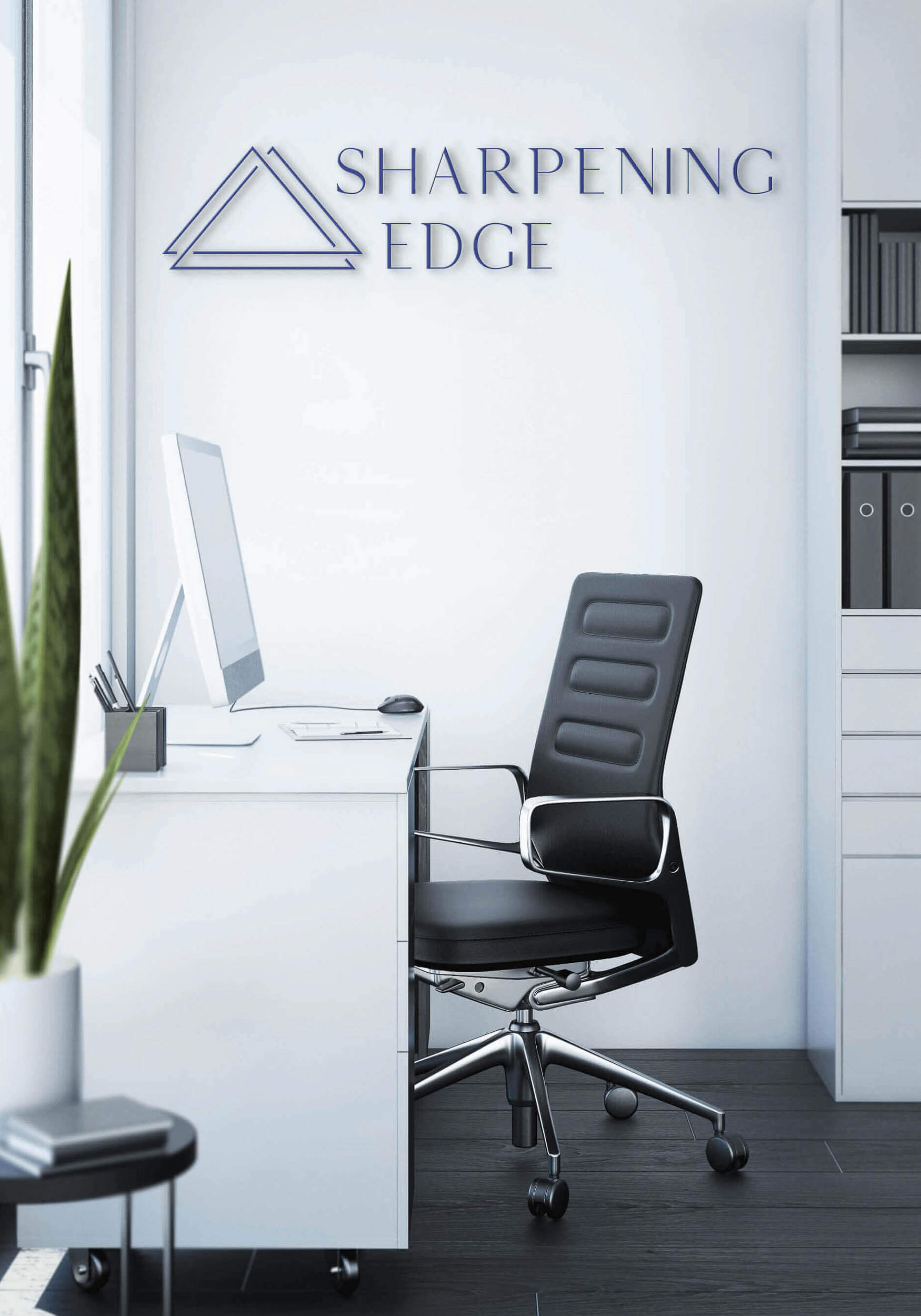 Das Logo von Sharpening Edge, auf einer Wand in einem Büro, das durch Kommunikationsdesign entstand